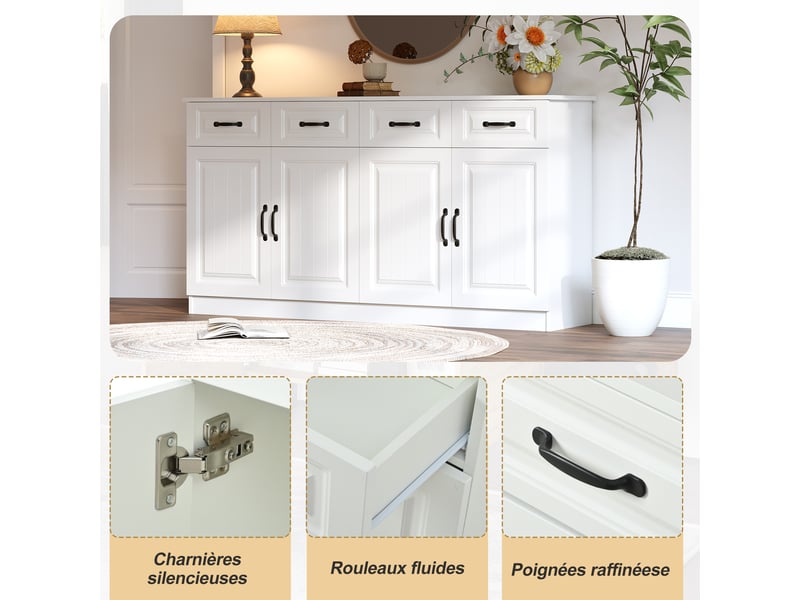  Buffet blanc 160 cm en mdf à façade rainurée, avec 4 tiroirs, 4 portes, étagères réglables et poignées métalliques noires  - Conforama E