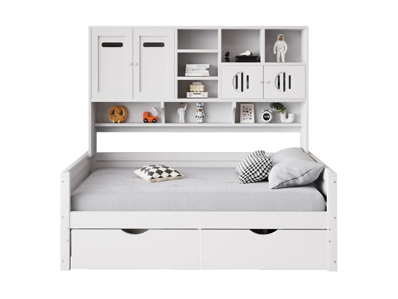  Lit multifonction, 90x200 cm, doté de solutions de rangement, grands tiroirs, matelas non inclus, bois, coloris blanc  - Conforama A