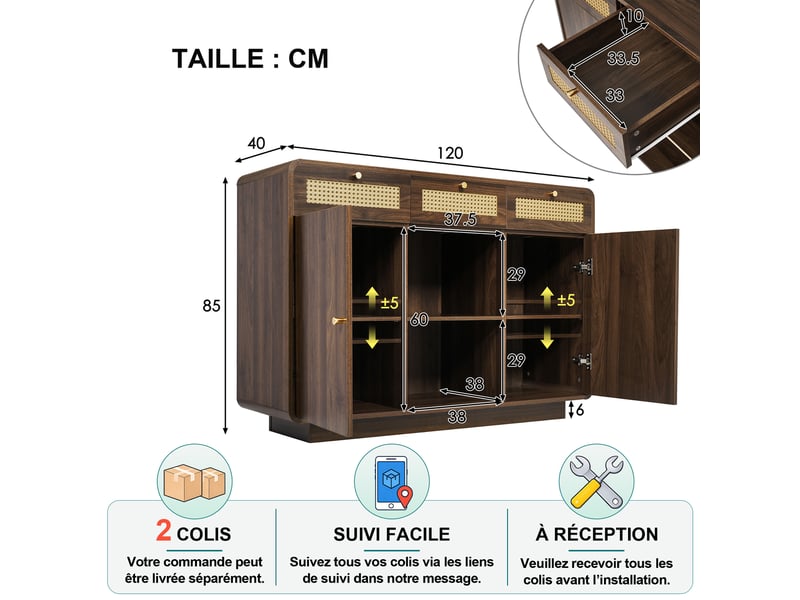  Buffet et enfilade avec 3 tiroirs, 2 portes, 2 niches et étagères réglables pour salon en mdf 120×40×85 cm noyer  - Conforama D