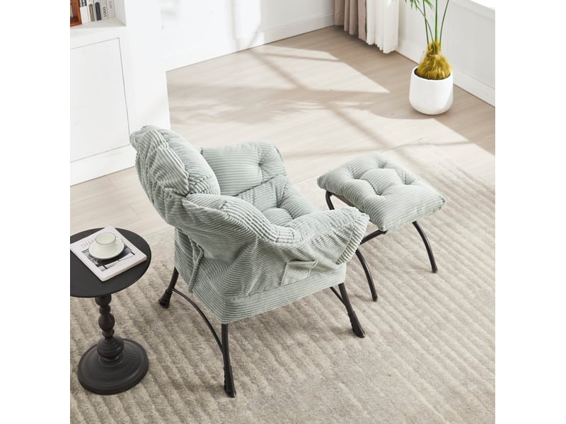 Fauteuil lounge 70x64x95 cm avec ottoman 50x45x46 cm, dossier incurvé et design ergonomique, cadre en métal, tissu flanelle vert clair  - Conforama E
