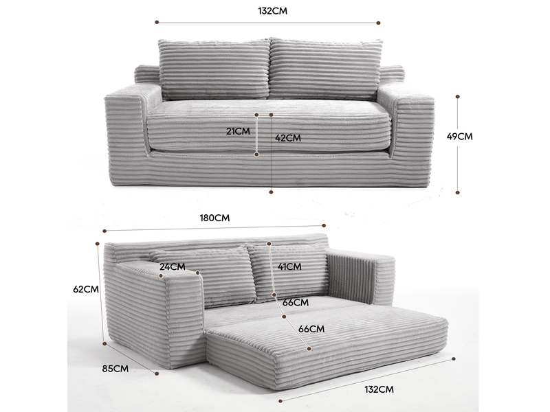  Canapé-lit deux places modenvie convertible 2-en-1, mousse à mémoire de forme, revêtement en velours côtelé, 132 x 85 x 62 cm, gris clair  - Conforama C
