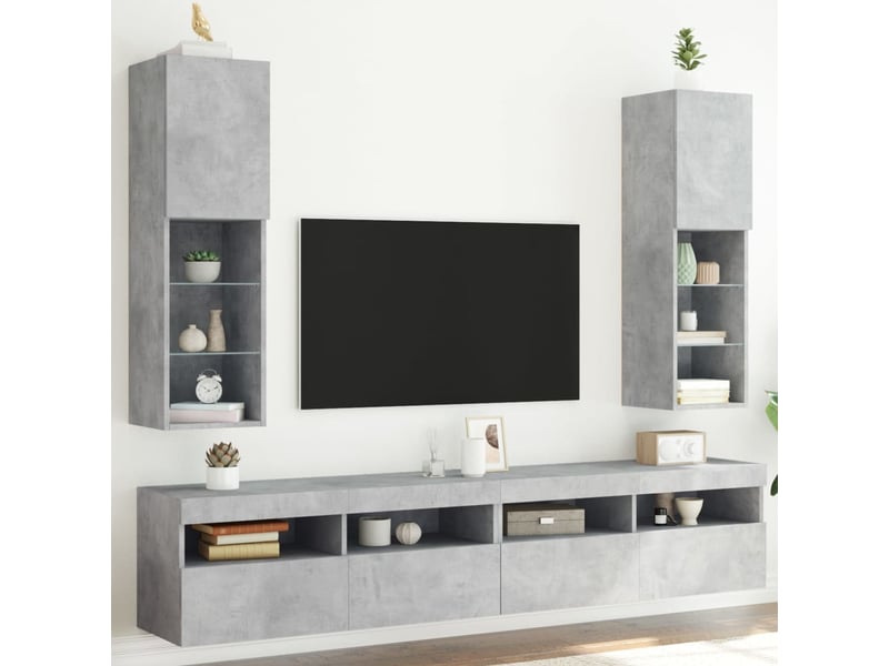  Lot de 2 meuble tv avec lumières led gris béton 30,5x30x102 cm  - Conforama C