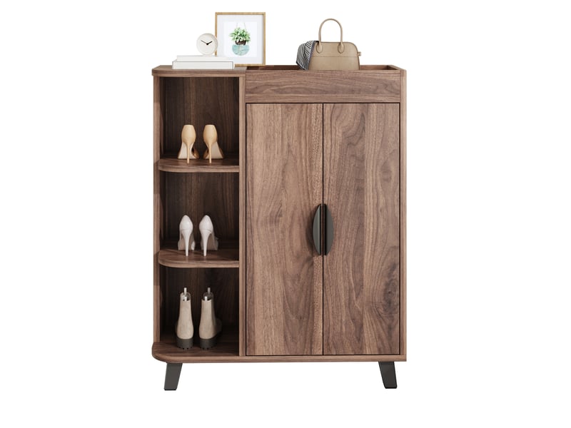  Meuble à chaussures 80x32x99 cm, étroit et haut, capacité rangement famille, portes doubles et compartiments ouverts, idéal couloir  - Conforama A