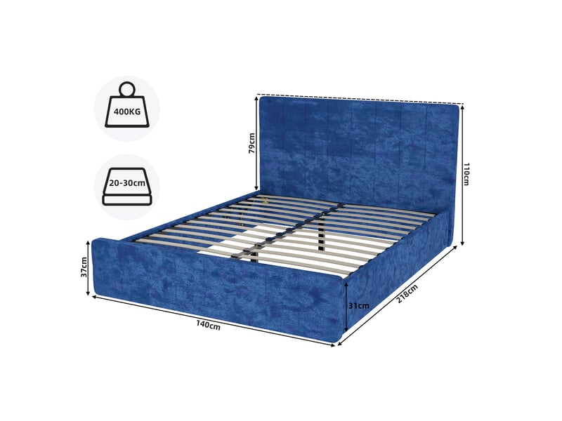  Lit coffre 140x200 cm, tête de lit capitonnée en velours bleu marine  - Conforama C