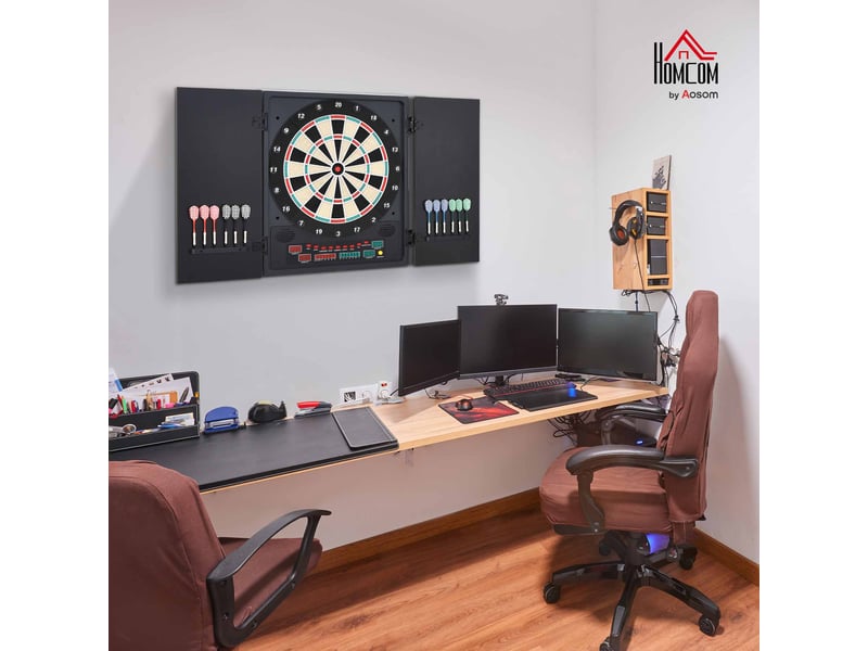  Cible de fléchettes électronique max 8 joueurs, 12 fléchettes et 30 pointes, écran led, portes. 27 jeux, 202 variantes, 51 x 6,5 x 57 cm, noir  - Conforama C