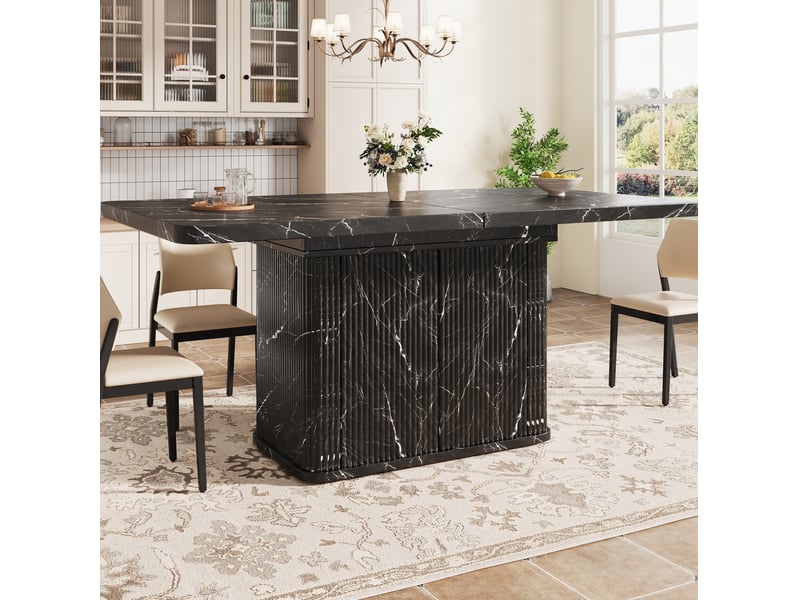  Table de salle à manger extensible avec rangement caché, relief vertical, effet marbre noir, 140 × 80 × 76,5 cm  - Conforama D