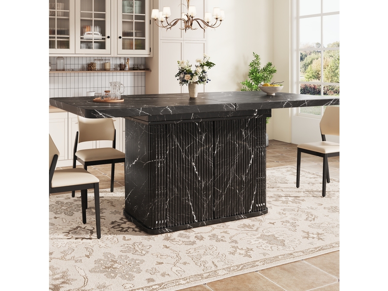  Table de salle à manger extensible avec rangement caché, relief vertical, effet marbre noir, 140 × 80 × 76,5 cm  - Conforama D