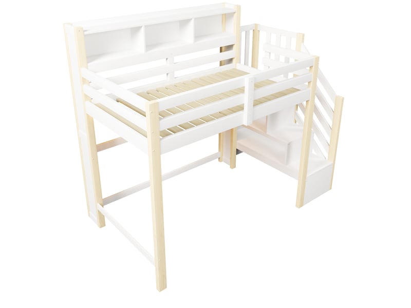 Lit mezzanine blanc et naturel 90x200 cm, led, espace inférieur et escalier-rangement - Conforama E