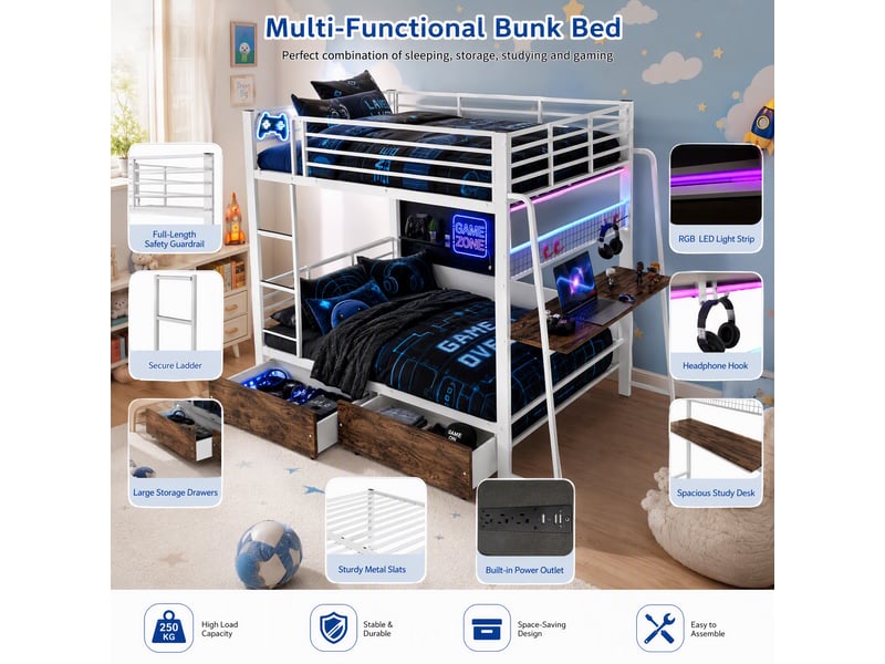  Lit mezzanine gaming 140x200 cm avec bureau, 2 tiroirs, led synchronisée musique, prise usb-c, panneau grillagé, échelle, métal et mdf, blanc OMNIGLINT TRADING LTD - Conforama E