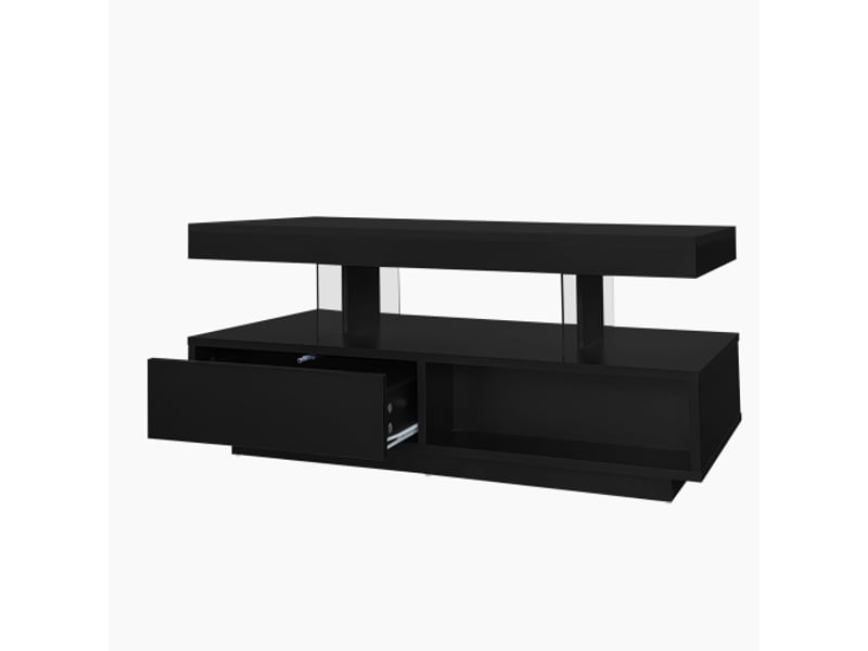  Table basse brillante en panneaux de particules avec lumière led,4 plateaux en verre,2 tiroirs et 2 compartiments ouverts,noir table basse noir - Conforama E