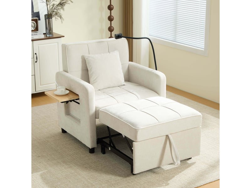 Fauteuil lit convertible 1 place 167 cm-dossier réglable 5 positions avec rangement et tablette-chenille beige - Conforama B