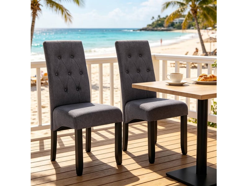  Lot de 2 chaises de salle à manger à dossier haut rembourré, pieds antidérapants en lin et bois gris foncé  - Conforama D