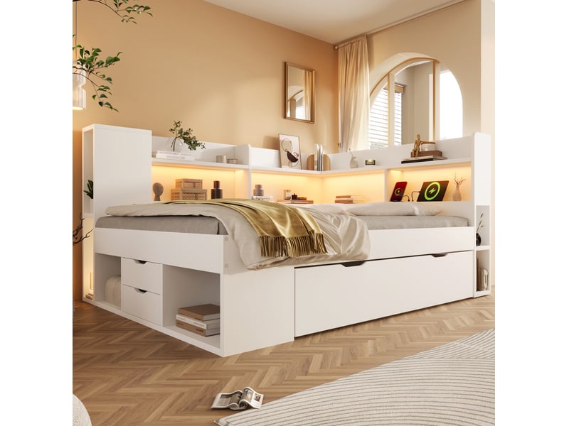 Lit double 140x200 cm avec matelas, led, rangements, usb et usb-c, blanc - Conforama E