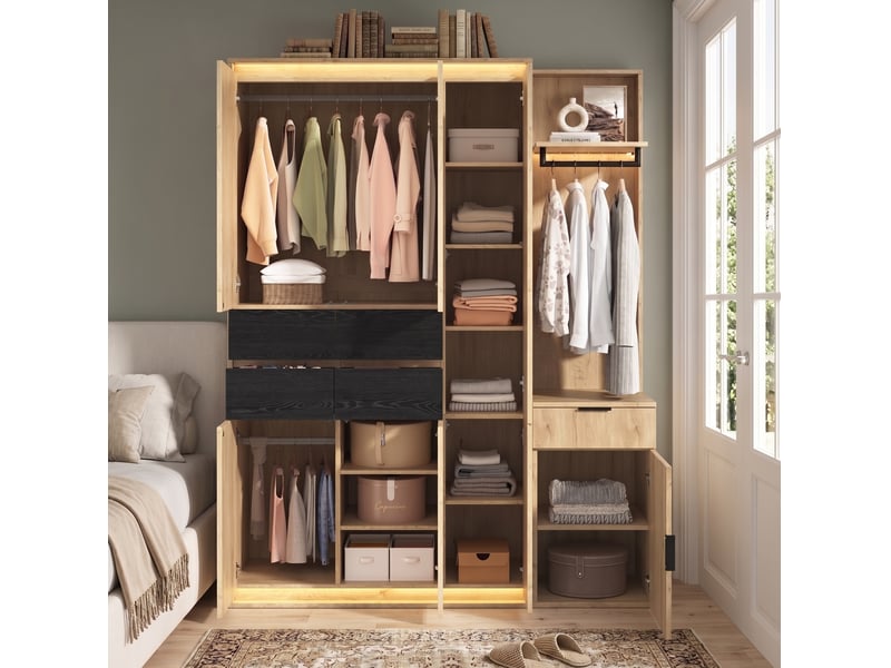  Armoire dressing tcqpz 155 x 47 x 200 cm 3 tringles 5 tiroirs miroir led mdf anthracite et chêne  - Conforama B
