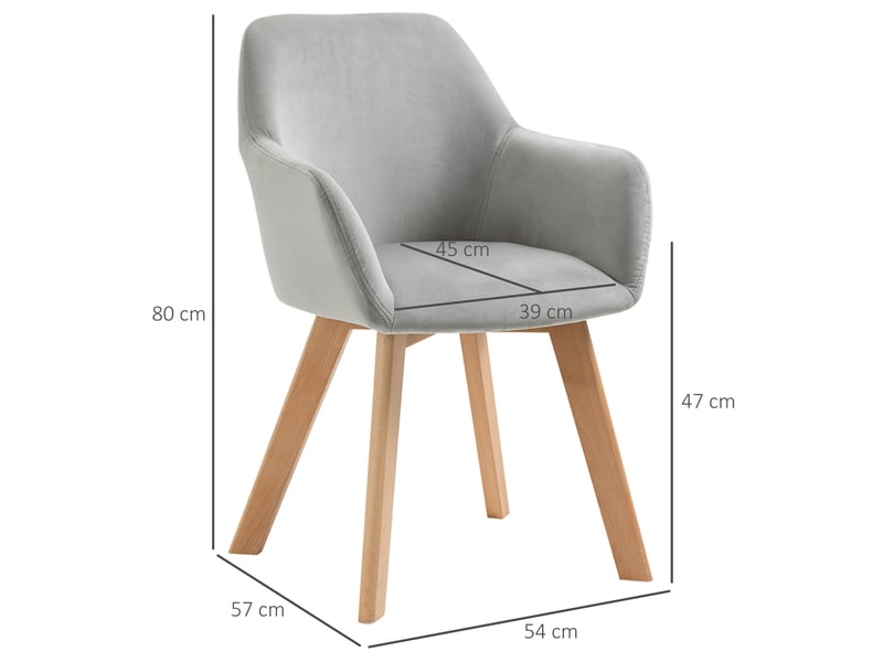  Lot de 2 chaises de salle à manger 54x57x80 cm, velours gris, accoudoirs ergonomiques, pieds en bois, usage polyvalent  - Conforama C