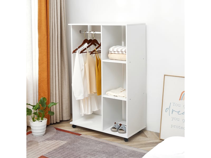  Portant à vêtements penderie mobile avec roulettes 3 étagères latérales + grand espace penderie blanc panneaux particules  - Conforama D