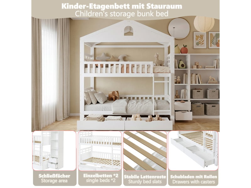  Lit enfant superposé ，90x200 cm， avec échelle tiroirs rangement ，bois ，blanc  - Conforama E