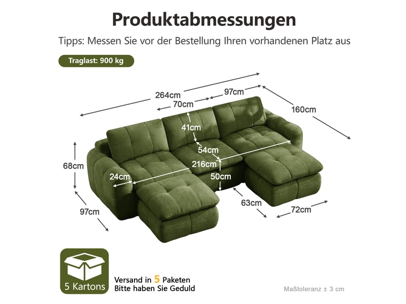  Canapé modulable en u 3 places avec 2 ottomans en chenille verte  - Conforama C