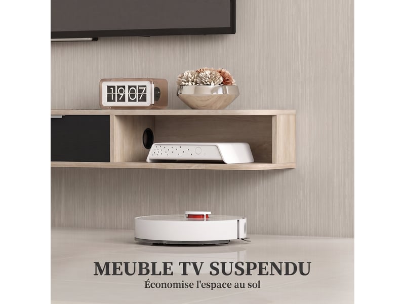  Meuble tv suspendu, meuble télé pour téléviseur jusqu'à 75 pouces, tiroir rabattable 2 étagères bois naturel 180x24x16cm  - Conforama A