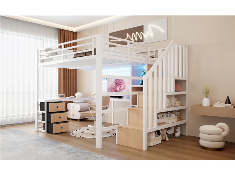  Lit mezzanine 140 x 200 cm avec bureau, 4 tiroirs et éclairage led, escalier de rangement et panneau grillagé, métal, blanc Morn Vibe - Conforama B