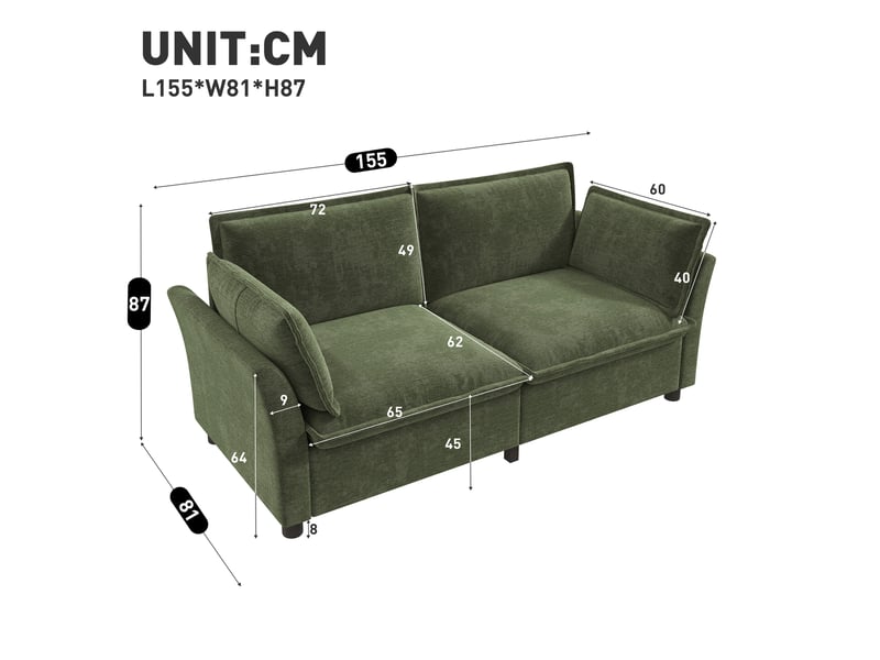 Canapé 2 places en tissu chenille vert, 2 coussins d'accoudoir, montage facile, 155×81×87 cm - Conforama C