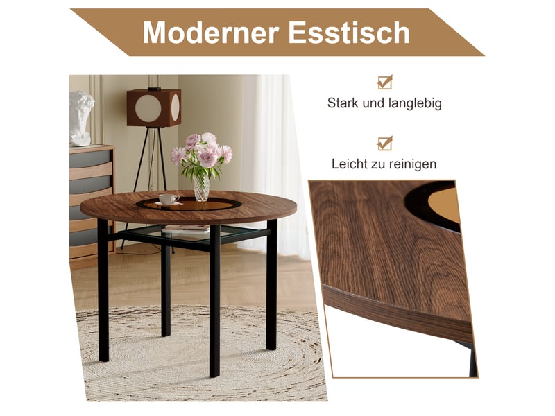  Table ronde moderne - 100 cm - bois brun - verre brun-gris - métal noir bicolore - Conforama E