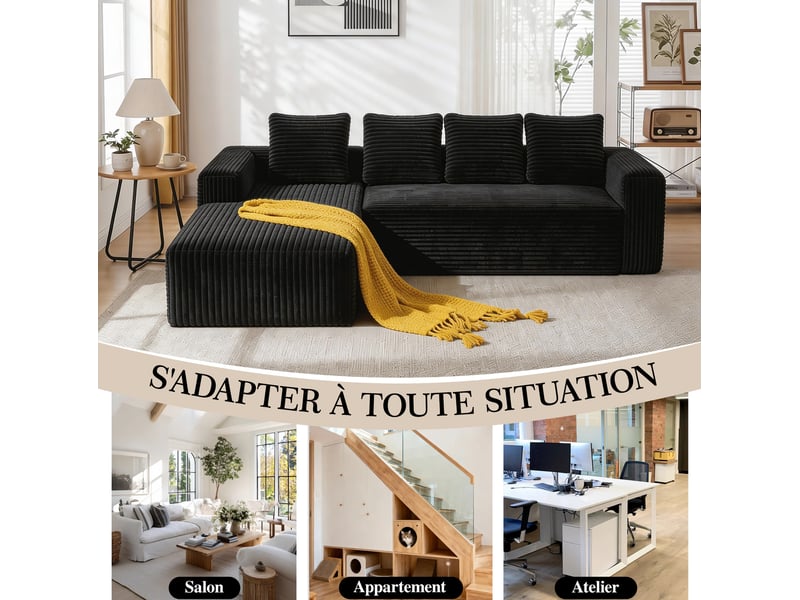 Canapé d'angle modulable modenvie 4 places avec méridienne en velours côtelé noir 261 x 168 x 58 cm - Conforama D