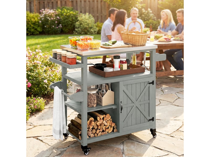  Desserte jardin chariot de barbecue sur roulettes avec plateau en acier inoxydable gris 107x49,5x92,5cm  - Conforama D