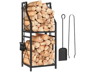 Porte-bûches métallique deux niveaux avec 4 outils, noir, 34 x 30 x 80 cm, charge 60 kg