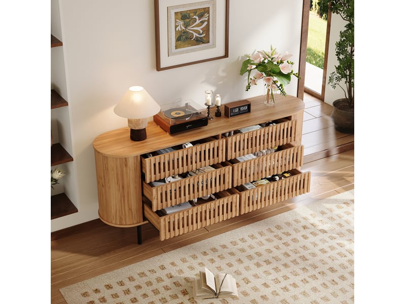 Buffet et enfilade 6 tiroirs, design ajouré à lamelles, pieds en métal, pour salon ou entrée, couleur naturelle 160 × 40 × 70 cm - Conforama B