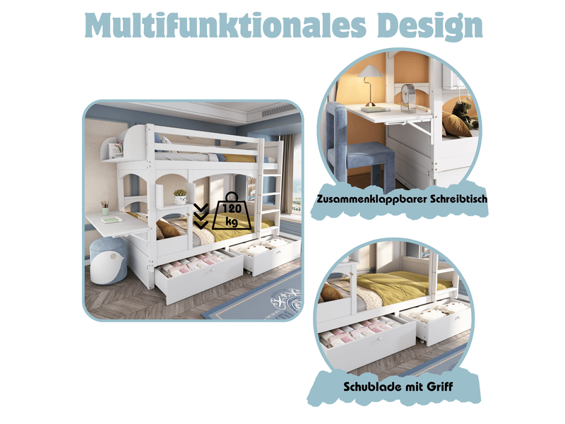 Lit superposé enfant 90x200 cm – blanc – bureau rabattable, étagère et 2 tiroirs de rangement - sans matelas - Conforama E