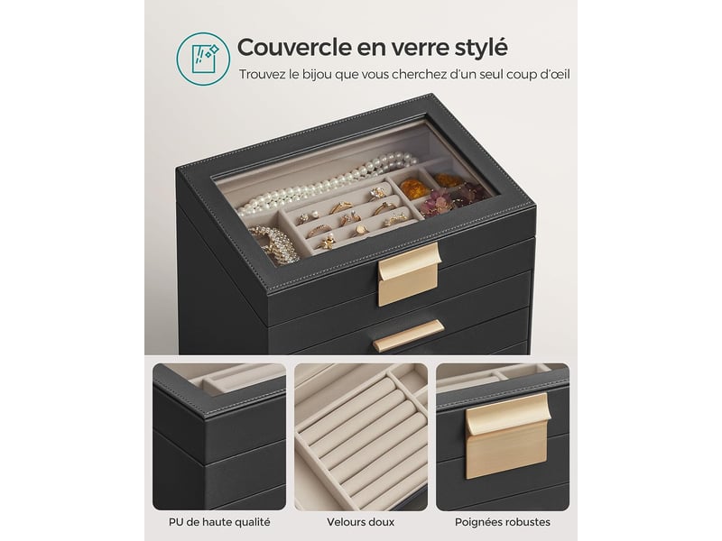 Songmics boîte à bijoux, écrin à accessoires 6 niveaux, coffre de rangement, couvercle en verre, 5 tiroirs, pour lunettes de soleil, rangement pour bijoux, moderne, noir graphite et doré 6 Niveaux - Conforama F