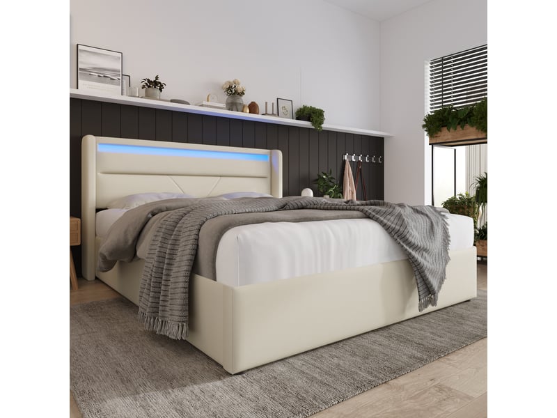  Lit coffre 140 × 200 cm 2 places avec led réglable, rangement hydraulique, matelas inclus, en pu blanc  - Conforama C
