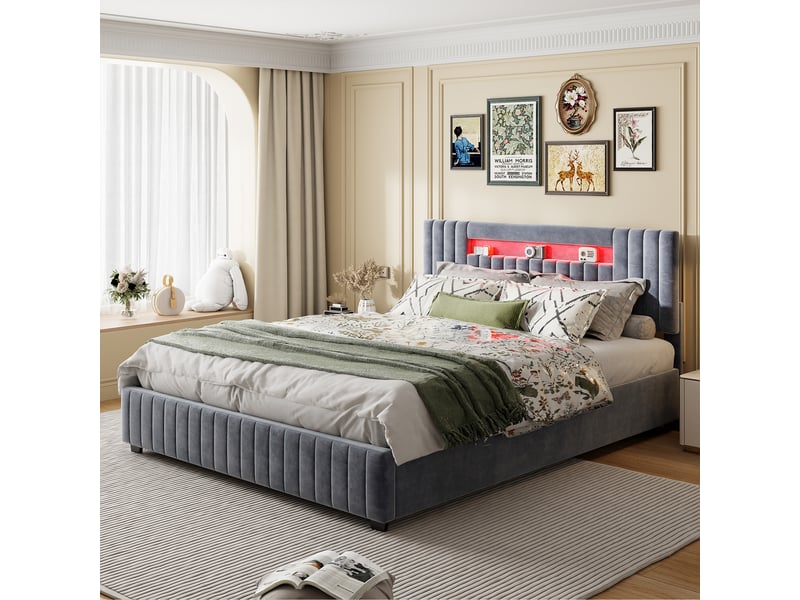  Lit coffre 2 places 160x200 cm, lit adulte avec rangement, tête de lit avec led, design simple, velours gris  - Conforama C
