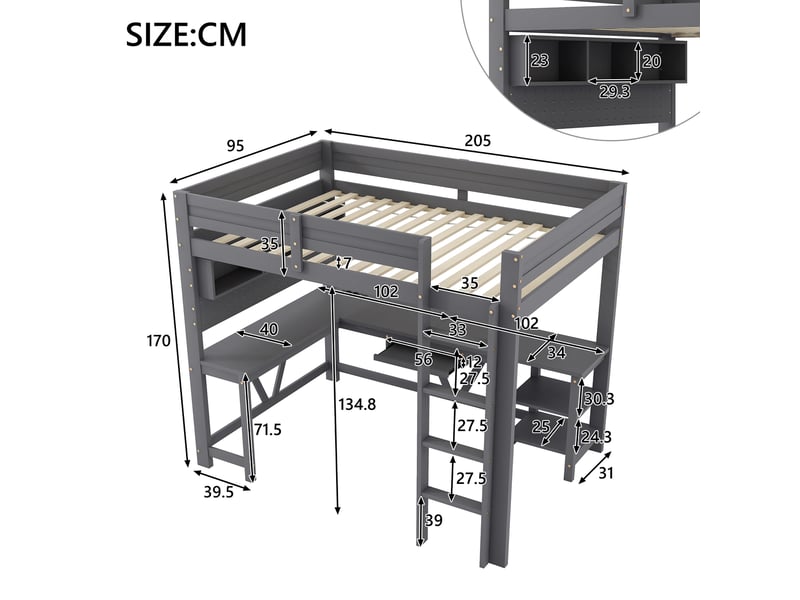 Lit mezzanine 90 x 200 cm, lit enfant surélevé, bureau intégré, étagères ouvertes, éclairage led, ports usb et usb-c, échelle, bois massif, gris Morn Vibe - Conforama C