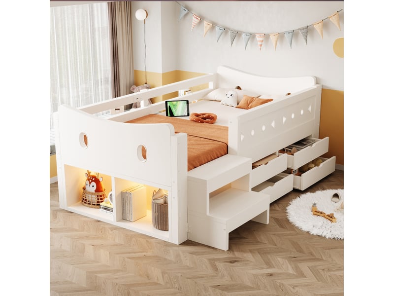  Lit enfant 90x200 cm avec rangements, led et ports usbtype-c blanc  - Conforama D