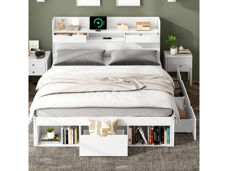 Lit avec rangement 140x190 cm, usb, tiroirs et armoire de rangement, sommier à lattes, mdf et contreplaqué, blanc OMNIGLINT TRADING LTD - Conforama D
