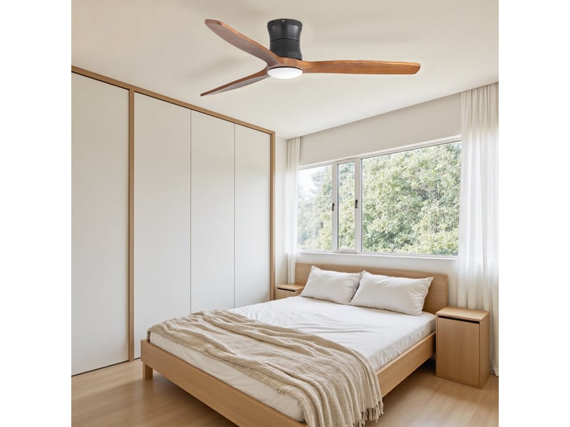 Ventilateur de plafond 132 cm avec éclairage et télécommande, luminaire de ventilateur silencieux pour chambre et salon, 3 pales en bois massif, noir - Conforama C