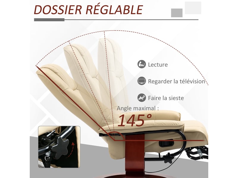  Fauteuil relax inclinable pivotant avec repose-pieds en pu crème  - Conforama D