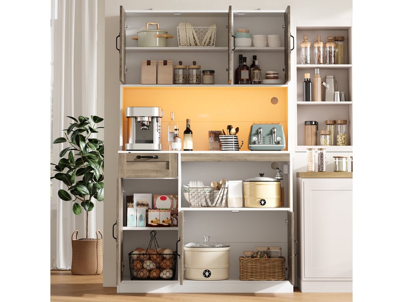 Armoire de rangement haute cuisine avec éclairage led et prises, buffet 6 portes et 1 tiroir, vitrine pour salon et salle à manger, 110 × 40 × 180 cm - Conforama B