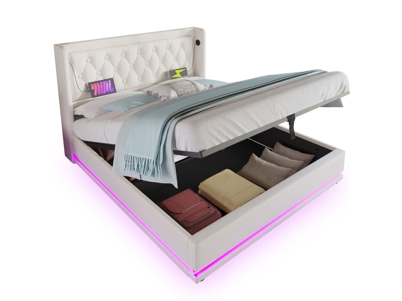  Lit coffre 160x200 cm blanc en pu avec led 3 côtés, usb type-c, tête capitonnée  - Conforama A