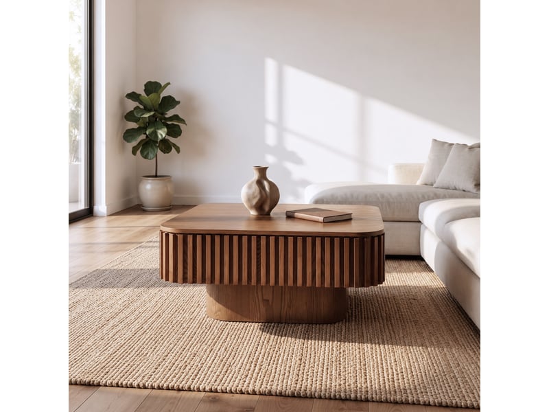 Table basse carrée 75 cm en mdf plaqué bois foncé, rangement caché et relief cannelé pour un salon ordonné - Conforama E