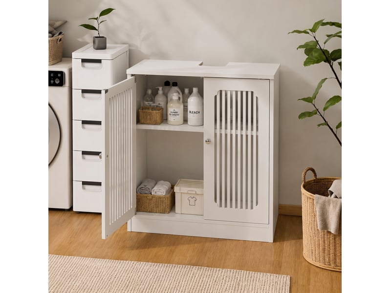  Meuble sous lavabo 60x30x60 cm portes doubles à lamelles mdf et panneau de particules blanc  - Conforama C