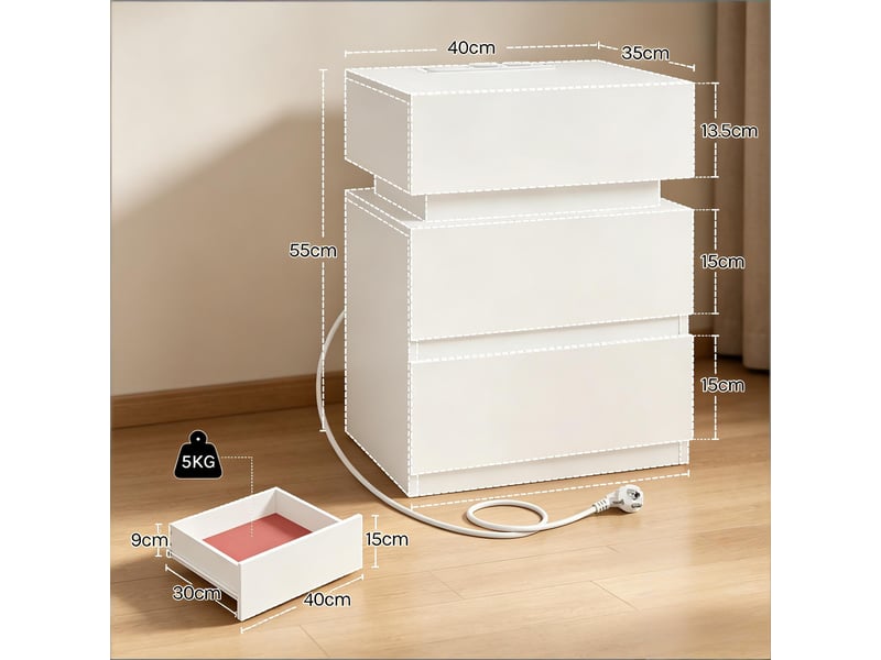  Table d’appoint avec led réglable, station de charge et rangement pratique, design moderne  - Conforama C