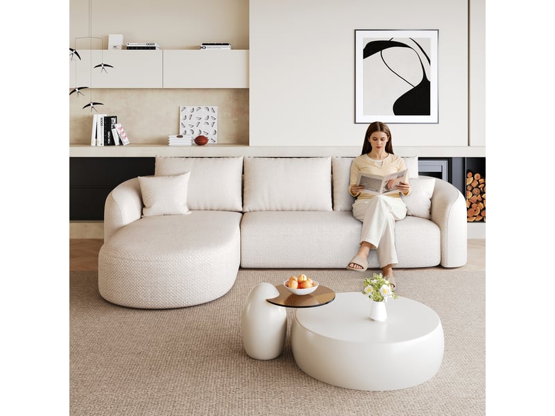  Canapé d’angle gauche en l 4 places 266x168x85 cm, modulable sans structure en mousse compressée, sans montage, salon chambre, chenille, blanc Sol Morn - Conforama E