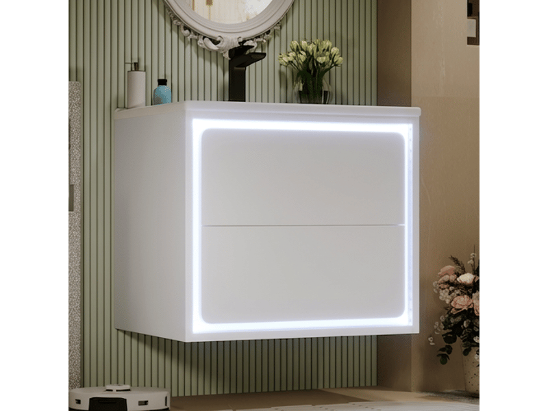  Meuble salle de bain suspendu 60 cm avec vasque céramique, meuble sous vasque blanc laqué, éclairage led capteur  - Conforama D