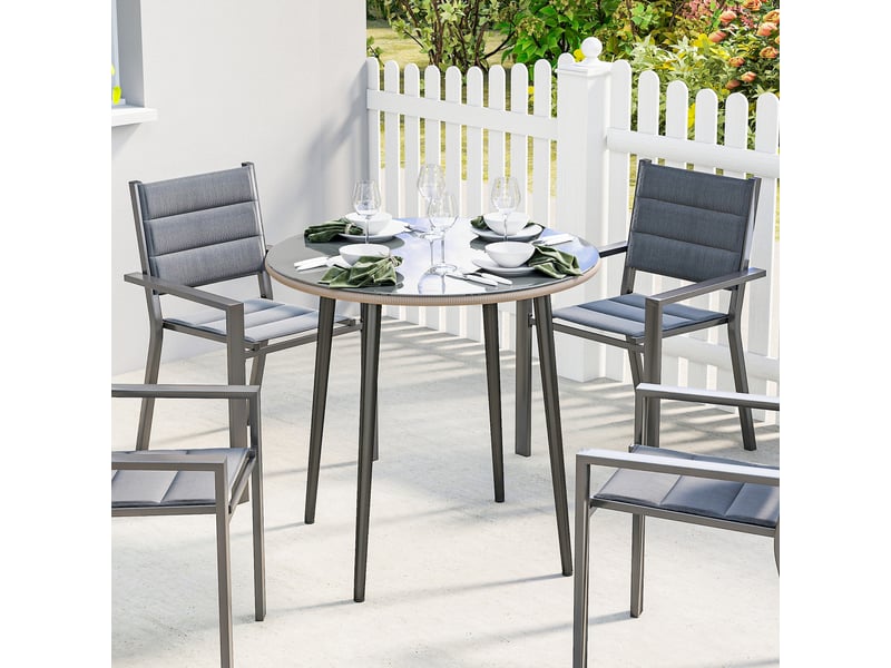 Table de jardin avec plateau en verre trempé et bordure en rotin, structure en acier, 80 x 80 x 74 cm, grise  - Conforama D