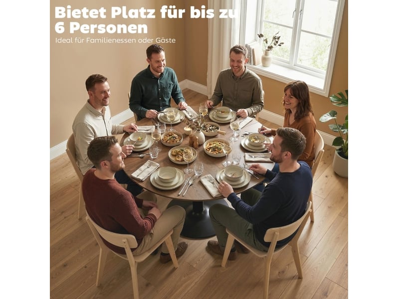 Table à manger ronde 110 cm – marron décor bois – 6 personnes, pied central acier, charge maximale 30 kg - Conforama E