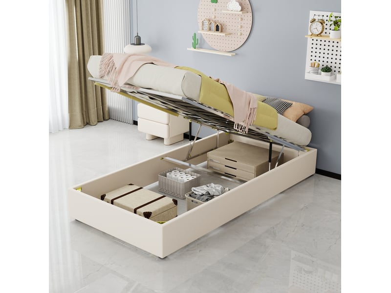  Lit coffre 90x200 cm avec rangement à vérins à gaz, métal, beige, sans tête de lit et sans matelas  - Conforama D