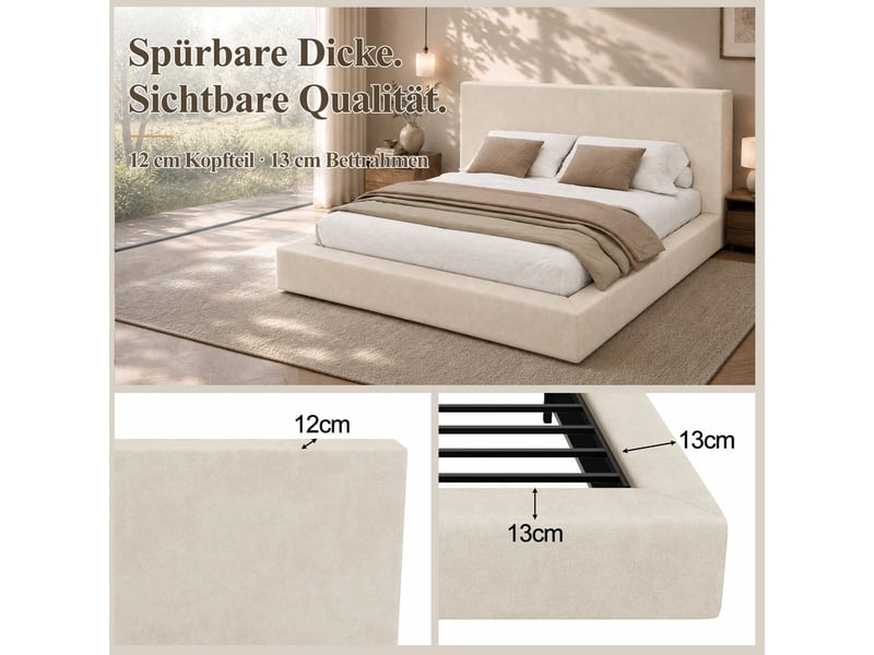  Lit double 160x200 cm，avec tête rembourrée, anti-dérapant, chenille, beige  - Conforama E